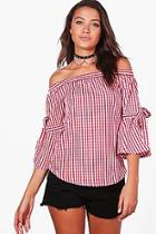 Boohoo Tall Gingham Off The Shoulder Woven Top