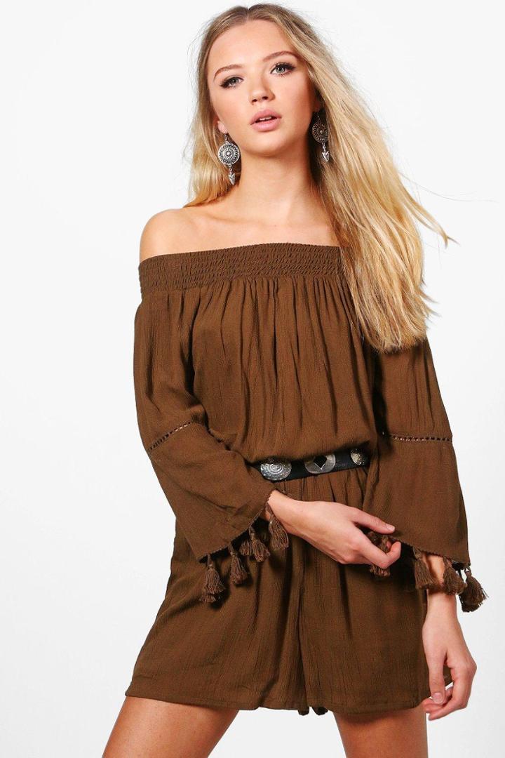 Boohoo Bryony Tassel Sleeve Playsuit Khaki