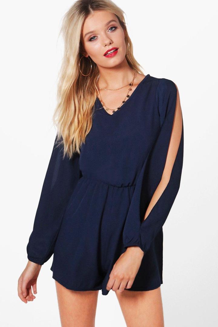 Boohoo Joyce Split Sleeve Crepe Playsuit Navy