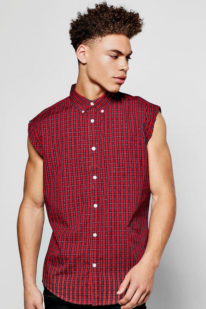 Boohoo Raw Edge Sleeveless Flannel Shirt Red