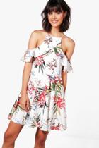 Boohoo Josie Flora Frill Cold Shoulder Skater Dress Multi