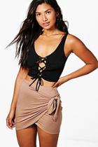 Boohoo Wrap Front Tie Waist Jersey Mini Skirt