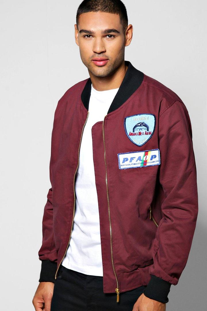 Boohoo Badged Cotton Twill Zipped Lined Bomber Wine