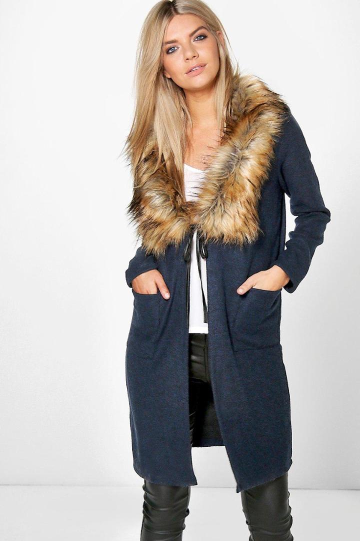 Boohoo Olivia Faux Fur Shawl Collar Chuck On Coat Navy