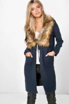 Boohoo Olivia Faux Fur Shawl Collar Chuck On Coat Navy