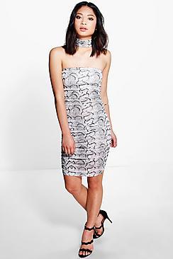 Boohoo Petite Kara High Neck Snake Print Bodycon Dress