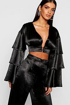 Boohoo Ruffle Sleeve Woven Button Front Crop