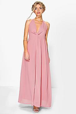 Boohoo Leah Knot Plunge Neck Chiffon Maxi Dress