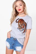 Boohoo Olivia Tiger Embroidered Oversized T-shirt Grey