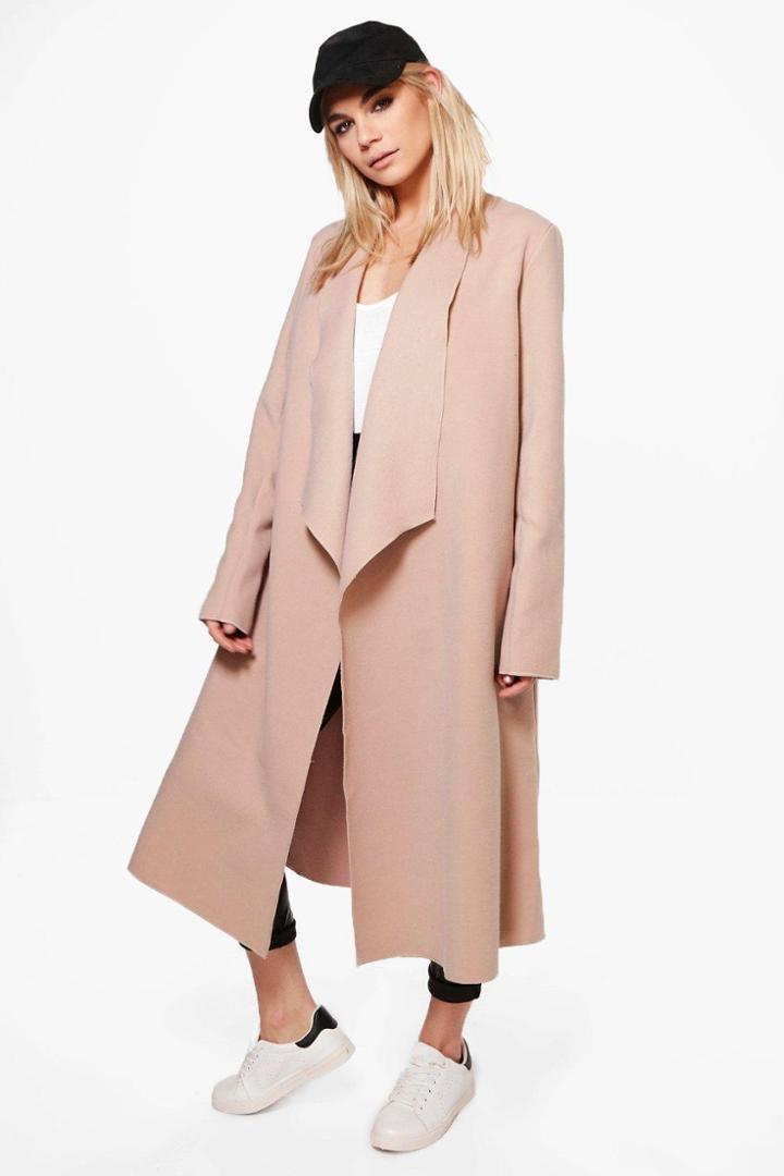 Boohoo Natalia Wool Look Shawl Collar Coat Camel