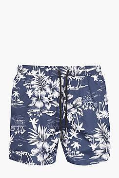 Boohoo Navy Hawaiian Print Swim Shorts