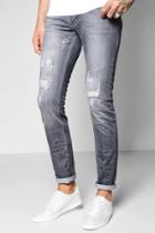 Boohoo Grey Distressed Denim Jeans In Slim Fit Grey