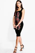 Boohoo Lola Floral Print Midi Bodycon Dress Black