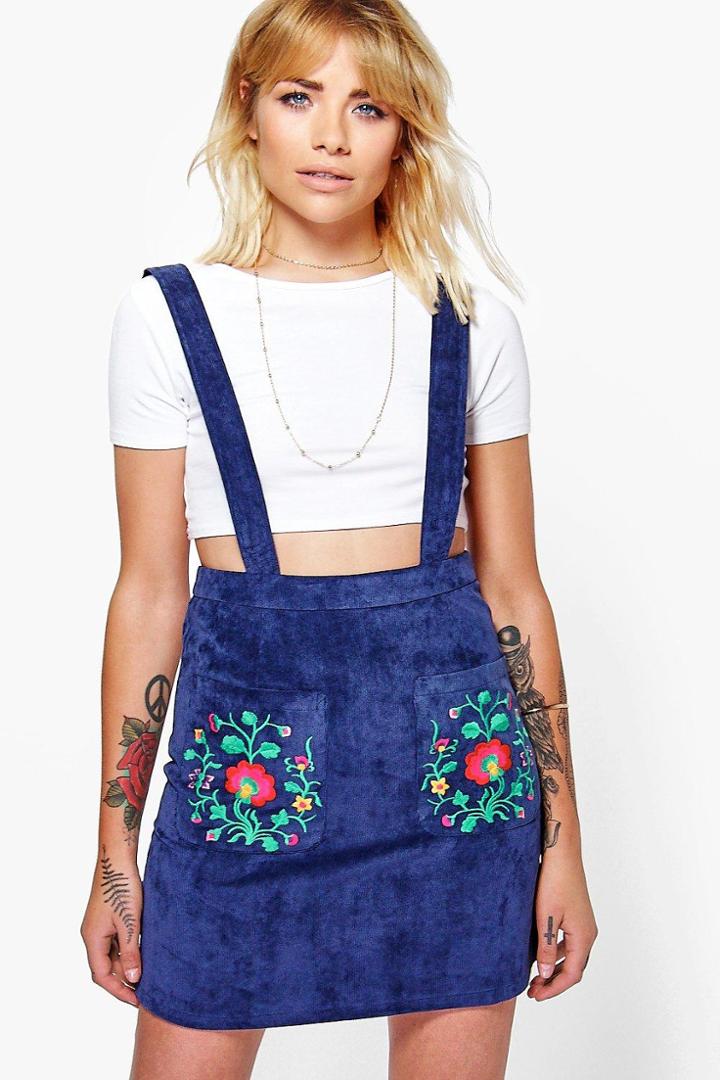 Boohoo Katie Embroidered Cord Pinafore Dress Blue