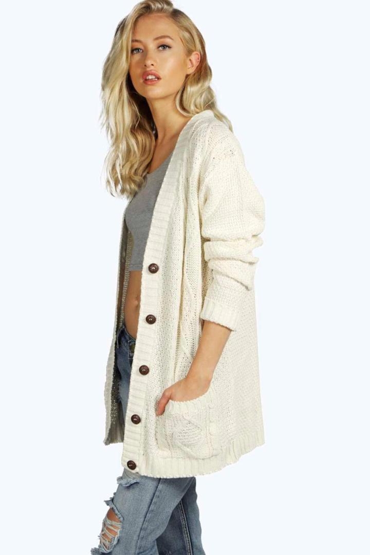 Boohoo Daisy Cable Boyfriend Cardigan Cream