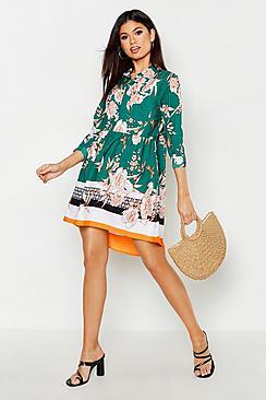 Boohoo Woven Floral Border Print Smock Dress