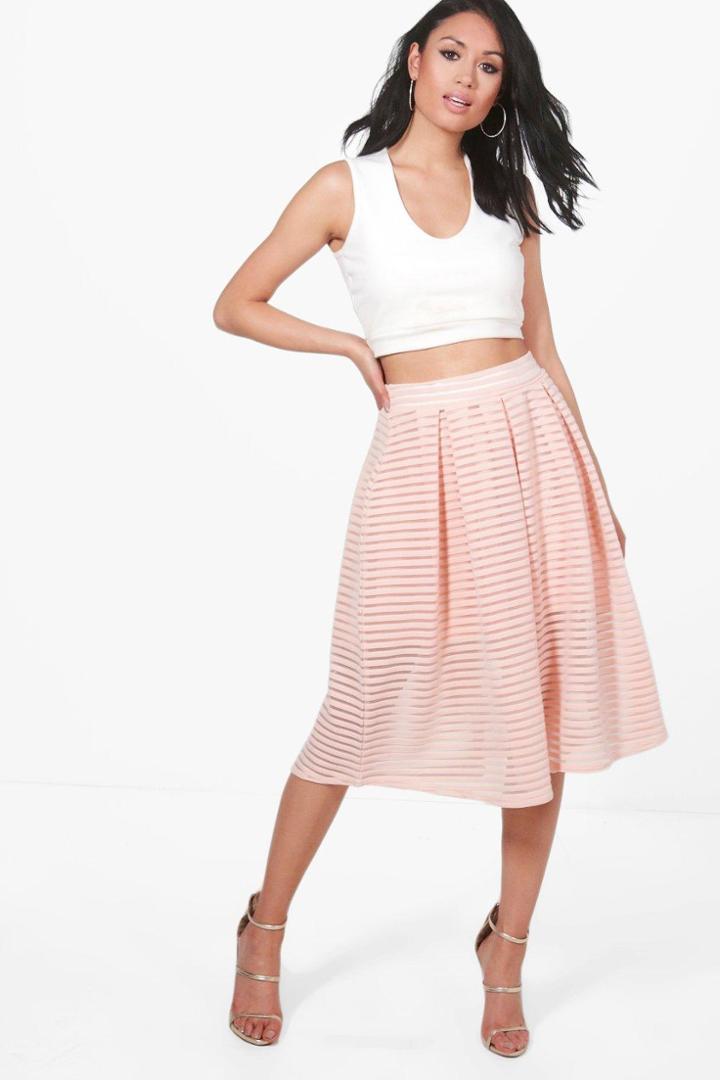 Boohoo Aura Sheer Mesh Stripe Box Pleat Skater Skirt Nude