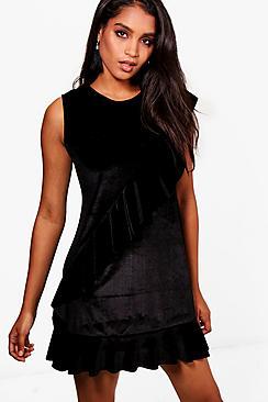 Boohoo Frill Detailing Velvet Shift Dress