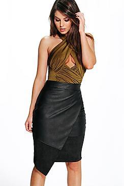 Boohoo Ali Suedette And Leather Look Midi Skirt