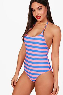 Boohoo Budapest Stripe Lace Back Swimsuit