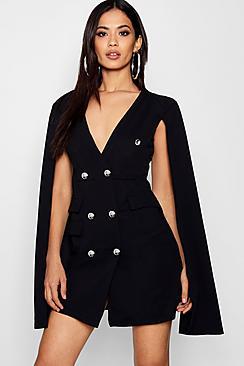 Boohoo Harper Double Breasted Cape Sleeve Tux Dress
