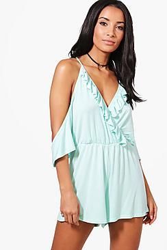 Boohoo Mia Ruffle Cold Shoulder Playsuit