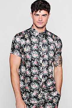 Boohoo Rose Print Short Sleeve Satin Shirt Co-ord