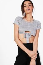 Boohoo Leah Tie Front Strappy Neck Knitted T-shirt Grey