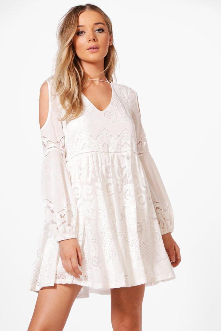 Boohoo Boutique Niamh Cold Shoulder Burn Out Dress Ivory