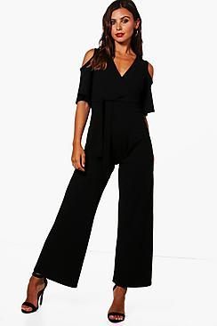 Boohoo Petite Liza Wrap Cold Shoulder Wide Leg Jumpsuit