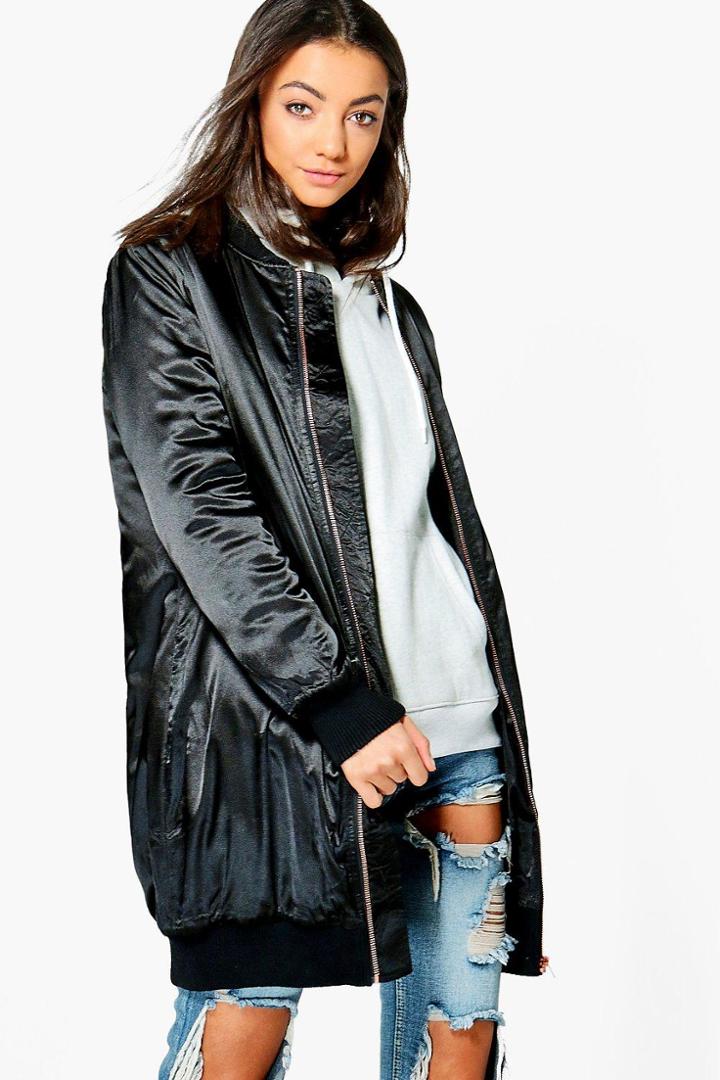 Boohoo Tall Savina Premium Satin Long Line Zip Bomber Black