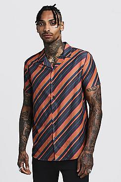 Boohoo Horizontal Stripe Short Sleeve Revere Shirt
