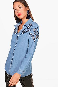 Boohoo Hana Heavy Embroidered Denim Shirt