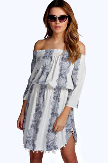 Boohoo Jess Off The Shoulder Pom Pom Dress - Blue