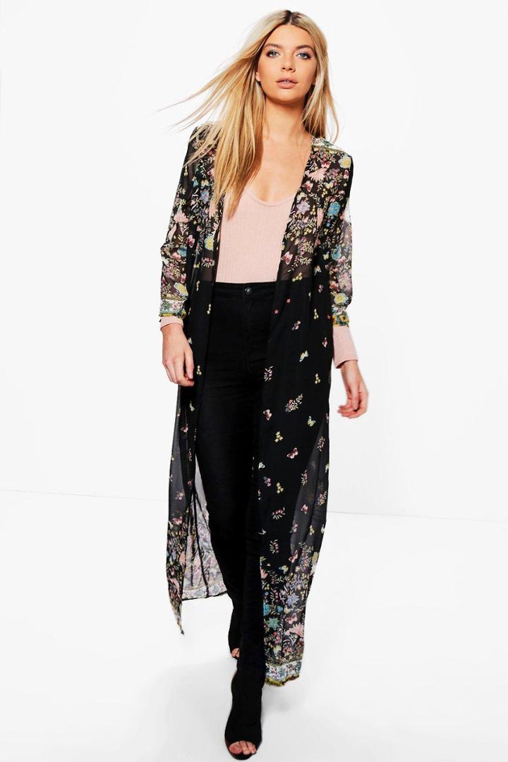 Boohoo Maria Maxi Border Print Kimono Black