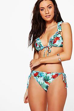 Boohoo Aruba Tropical Racer Back Frill Bikini