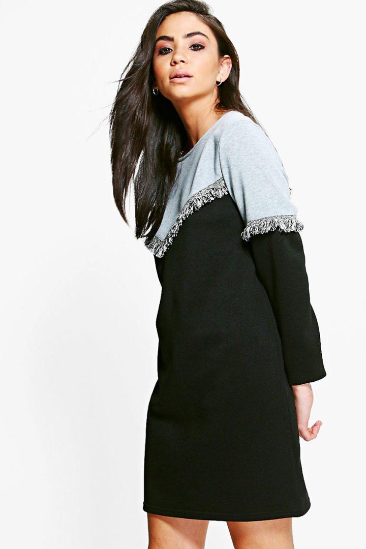 Boohoo Betty Tassel Trim Colour Block Sweat Dress Black