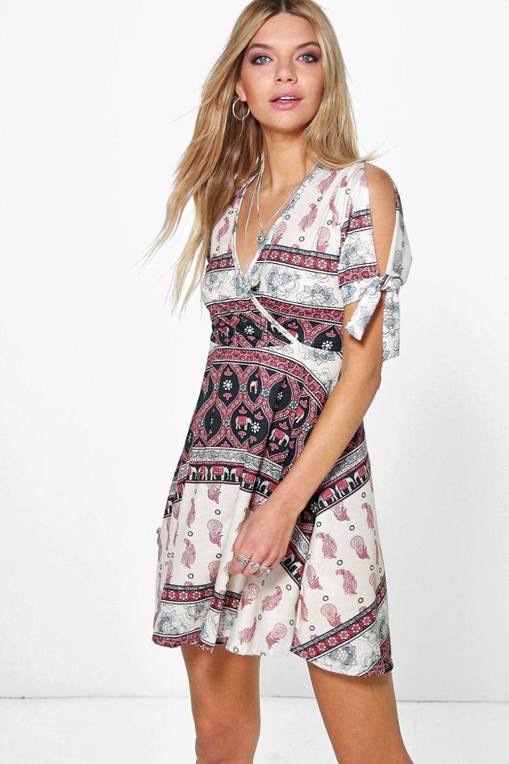 Boohoo Ulrika Cold Shoulder Wrap Skater Dress Multi