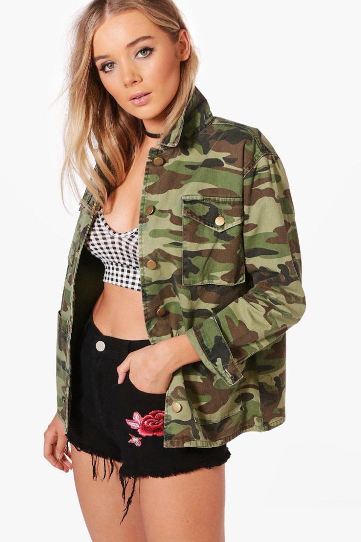 Boohoo Fia Acid Wash Camo Jean Jacket Camo