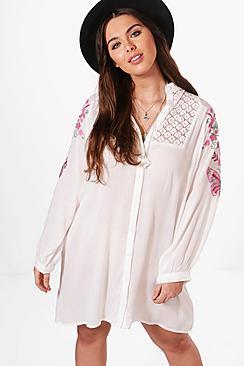 Boohoo Plus Alice Lace Insert Embroidered Shirt Dress