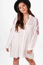 Boohoo Plus Alice Lace Insert Embroidered Shirt Dress