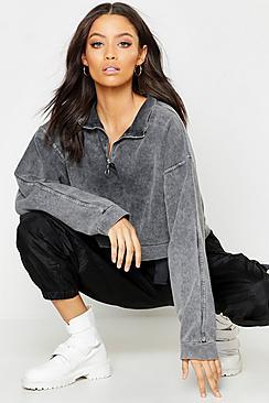 Boohoo Washed Oversized Zip Front Sweat