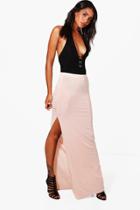 Boohoo Katie Thigh Split Ruched Maxi Skirt Nude