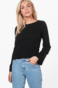 Boohoo Alice Lace Up Sleeve Rib Knit Jumper