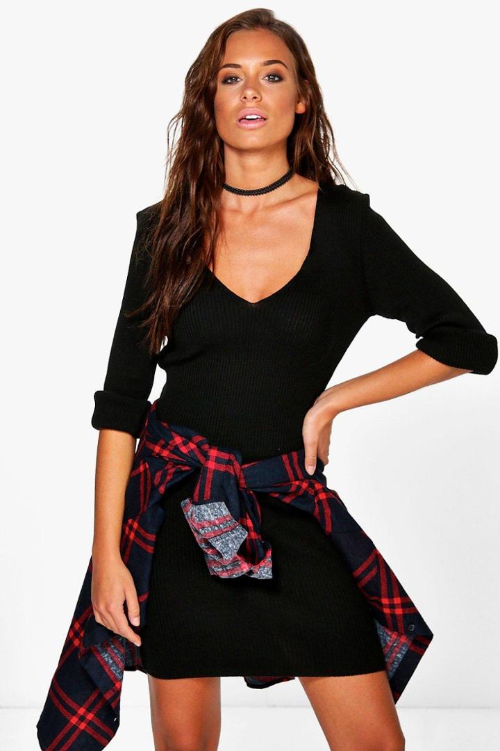 Boohoo Phoebe V Neck Rib Knit Dress Black