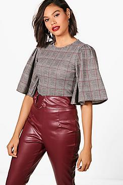 Boohoo Megan Prince Of Wales Check Wide Sleeve Top