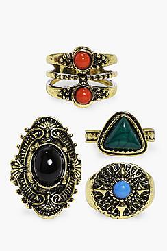 Boohoo Olivia Mixed Stone Gold 4 Ring Pack
