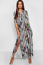 Boohoo Collarless Woven Floral Stripe Maxi Shirt Dress