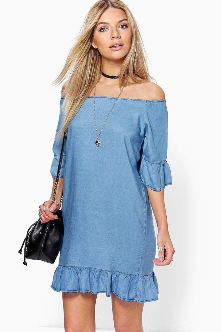 Boohoo Lucy Ruffle Of The Shoulder Denim Dress Blue