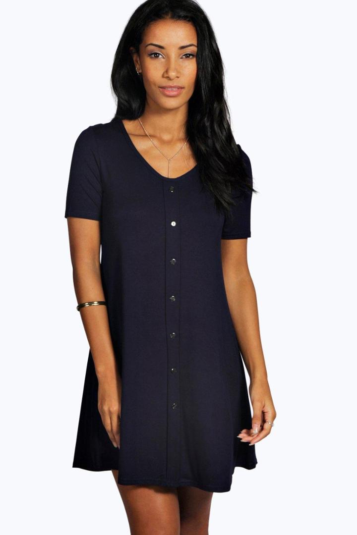 Boohoo Milly Cap Sleeve Button Swing Dress Ink